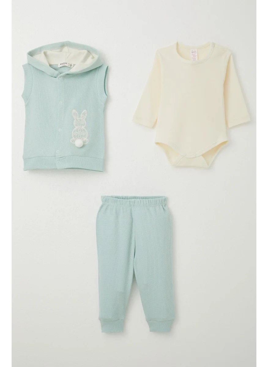بريز Baby Girl Bodysuit 3-Piece Set with Rabbit Embroidery and Pompoms, 4 Months-1 Years, Aqua Green