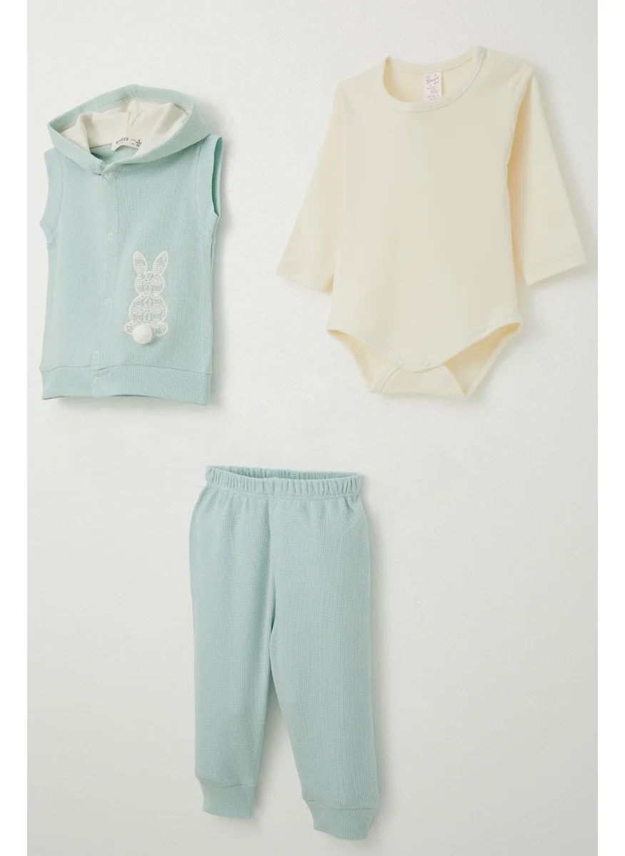 بريز Baby Girl Bodysuit 3-Piece Set with Rabbit Embroidery and Pompoms, 4 Months-1 Years, Aqua Green