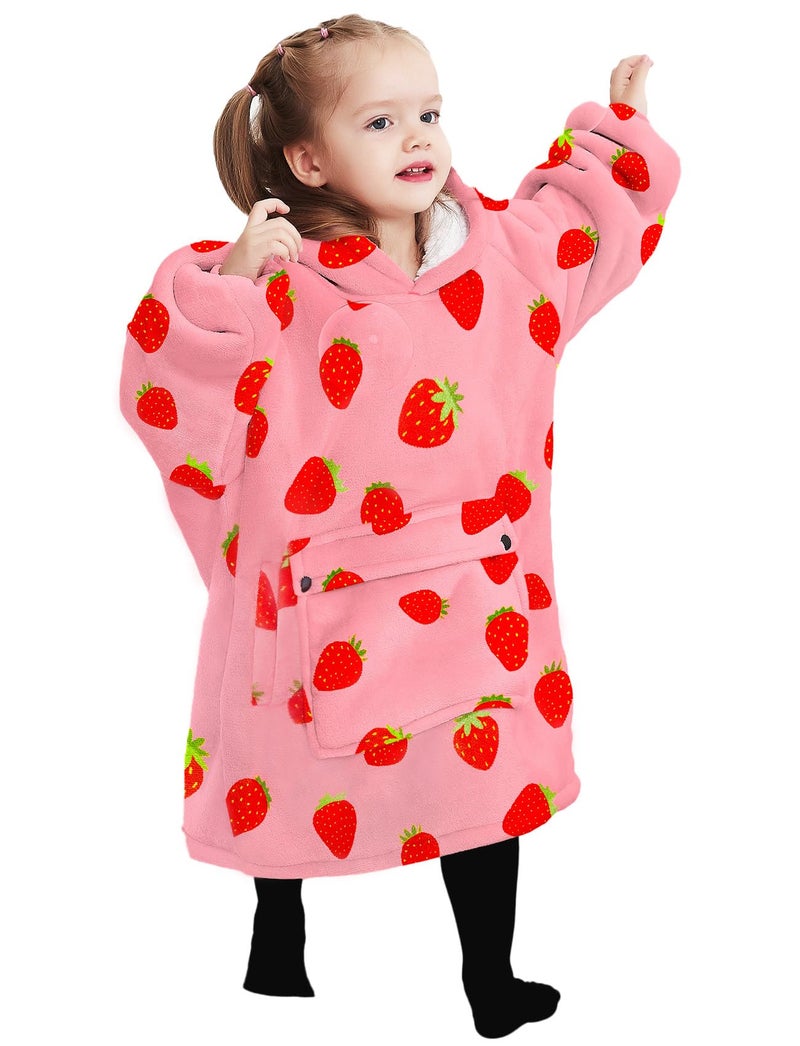 KFUBUO Wearable Blanket Hoodie for Kids Toddlers Sherpa Blanket Sweatshirt With Pocket Cute Hoodies 2-6 Year Old Girl Birthday Gifts Strawberry - Image 1