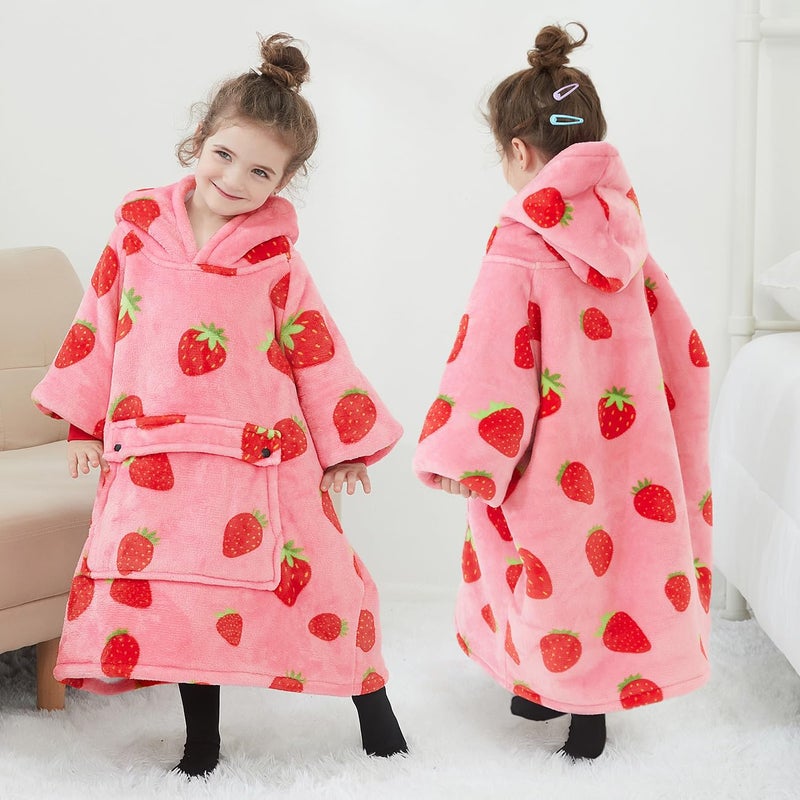 KFUBUO Wearable Blanket Hoodie for Kids Toddlers Sherpa Blanket Sweatshirt With Pocket Cute Hoodies 2-6 Year Old Girl Birthday Gifts Strawberry - Image 3