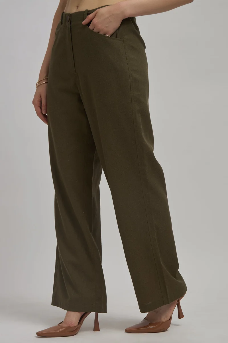 Virgio Virgio Women Emerly Olive Linen Blend Wide Leg Trousers
