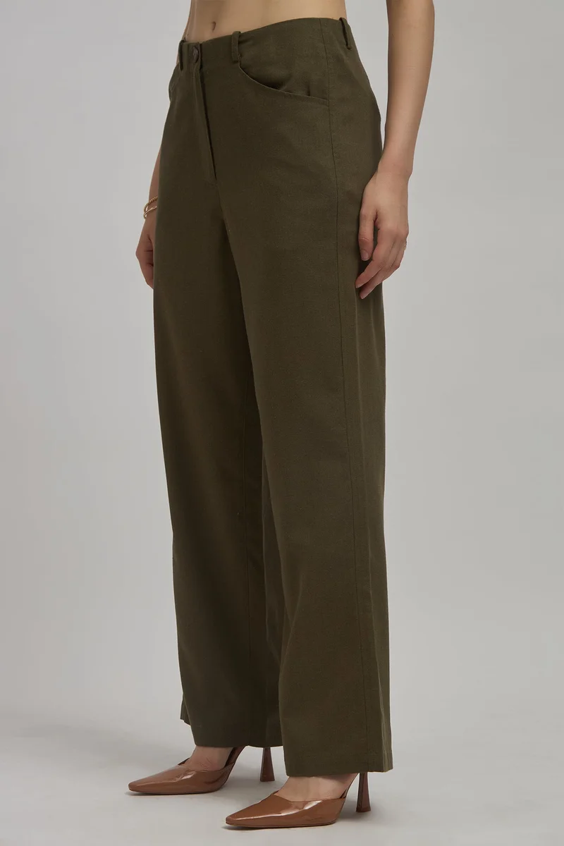 Virgio Virgio Women Emerly Olive Linen Blend Wide Leg Trousers