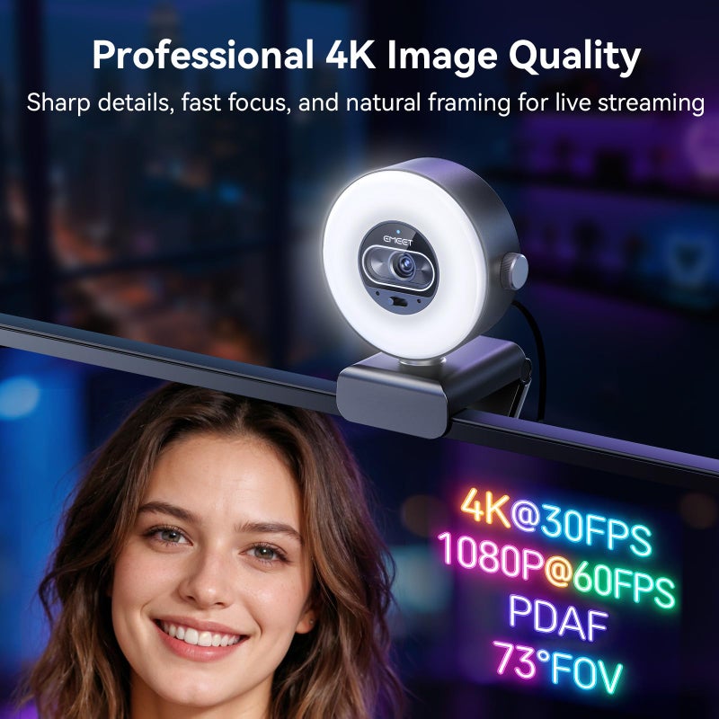 eMeet كاميرا ويب EMEET S600L بدقة 4K للبث مع ضوء حلقي، 4 أوضاع إضاءة، تأثير قوس قزح، مستشعر 1/2"، تصوير بالذكاء الاصطناعي، تركيز تلقائي PDAF في 0.2 ثانية، 2 ميكروفون، تحكم دائري، كاميرا ويب بدقة 4K مع ضوء لـ OBS/Twitch/YouTube/Zoom/PC/Mac - Image 3