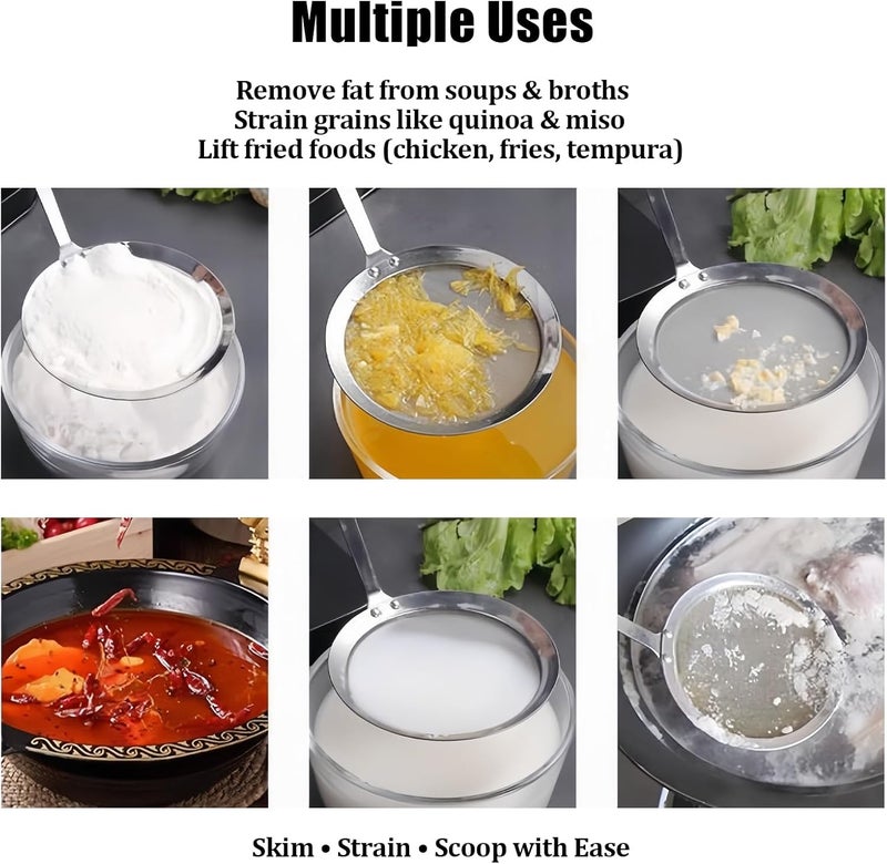 smrtcol Stainless Steel Fat Skimmer Spoon 4”Multi-Functional Fine Mesh Hot Pot Grease Strainer with 9.4” Heat-Resistant Handle For Frying, Soup, Quinoa, Miso - Image 5