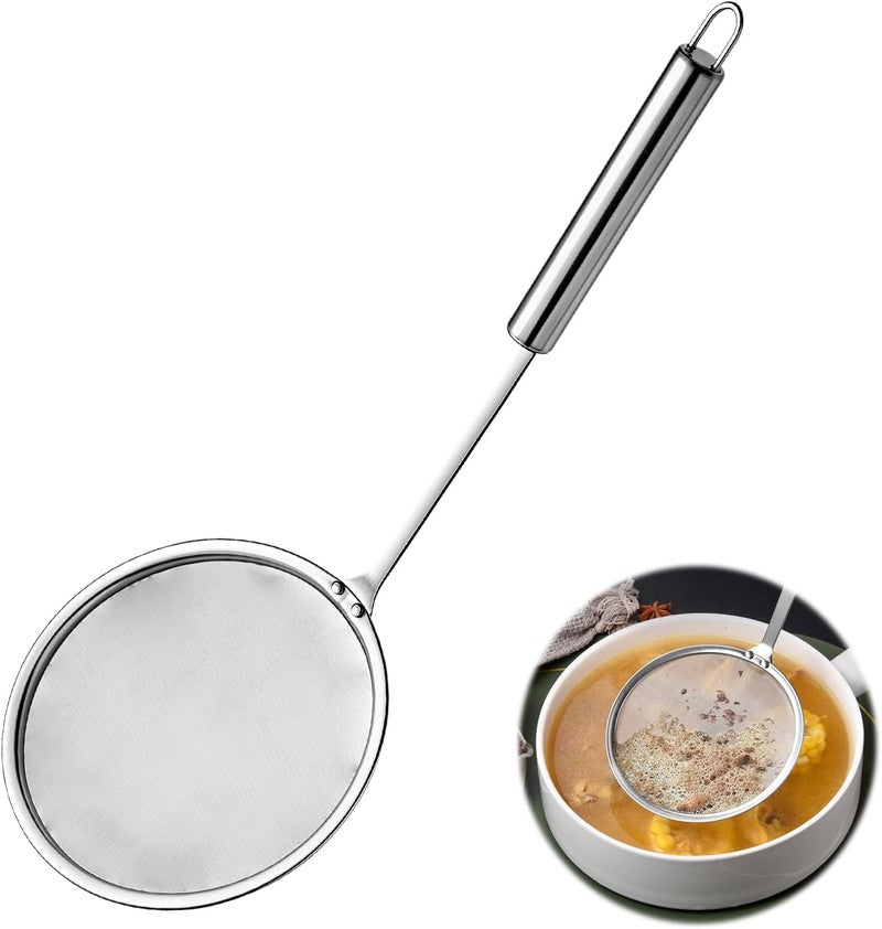 smrtcol Stainless Steel Fat Skimmer Spoon 4”Multi-Functional Fine Mesh Hot Pot Grease Strainer with 9.4” Heat-Resistant Handle For Frying, Soup, Quinoa, Miso - Image 1