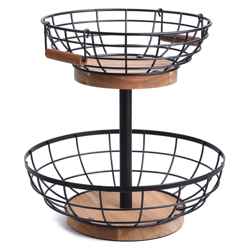 WILDMOS 2-tier Fruit Basket Bowl,Metal Basket with Wooden Base,Fruit and Vegetable Storage with Banana Hanger,Fruit Basket for Kitchen Counter Organizer. - Image 1