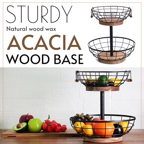 WILDMOS 2-tier Fruit Basket Bowl,Metal Basket with Wooden Base,Fruit and Vegetable Storage with Banana Hanger,Fruit Basket for Kitchen Counter Organizer. - Image 5