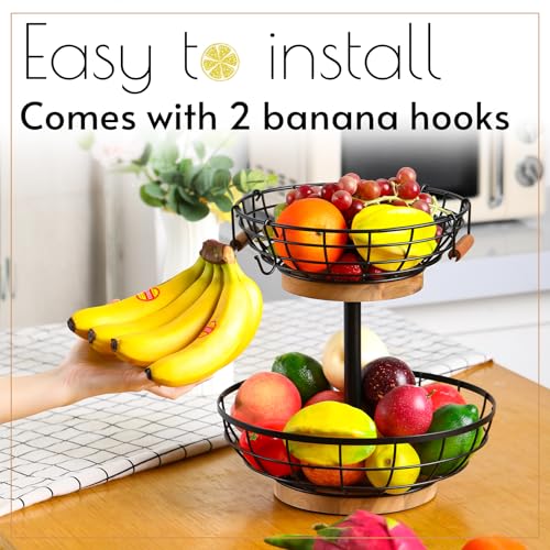 WILDMOS 2-tier Fruit Basket Bowl,Metal Basket with Wooden Base,Fruit and Vegetable Storage with Banana Hanger,Fruit Basket for Kitchen Counter Organizer. - Image 4