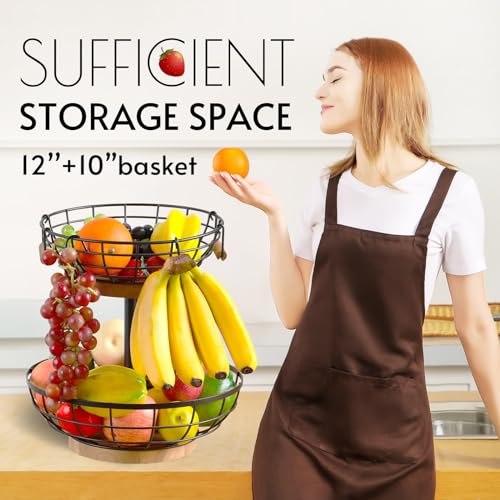 WILDMOS 2-tier Fruit Basket Bowl,Metal Basket with Wooden Base,Fruit and Vegetable Storage with Banana Hanger,Fruit Basket for Kitchen Counter Organizer. - Image 2