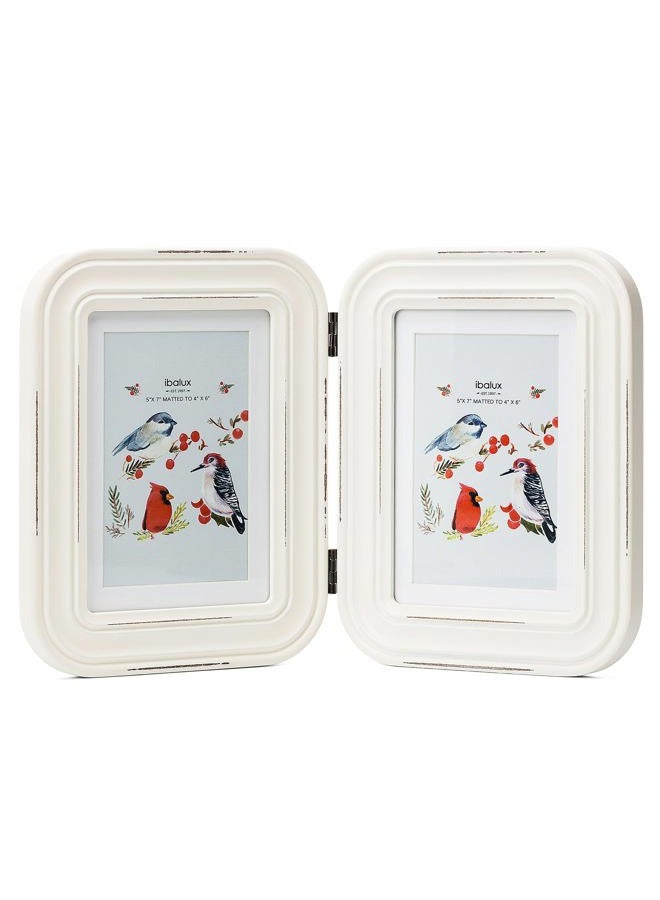 ibalux 5x7 Double Hinged Picture Frame Photo Frame with Distressed Finish and Rounded Corners, Engineered Wood with Real Glass, Matted to 4x6, Vertical Format for Tabletop or Desktop Display, White - Image 1