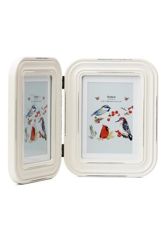 ibalux 5x7 Double Hinged Picture Frame Photo Frame with Distressed Finish and Rounded Corners, Engineered Wood with Real Glass, Matted to 4x6, Vertical Format for Tabletop or Desktop Display, White - Image 2
