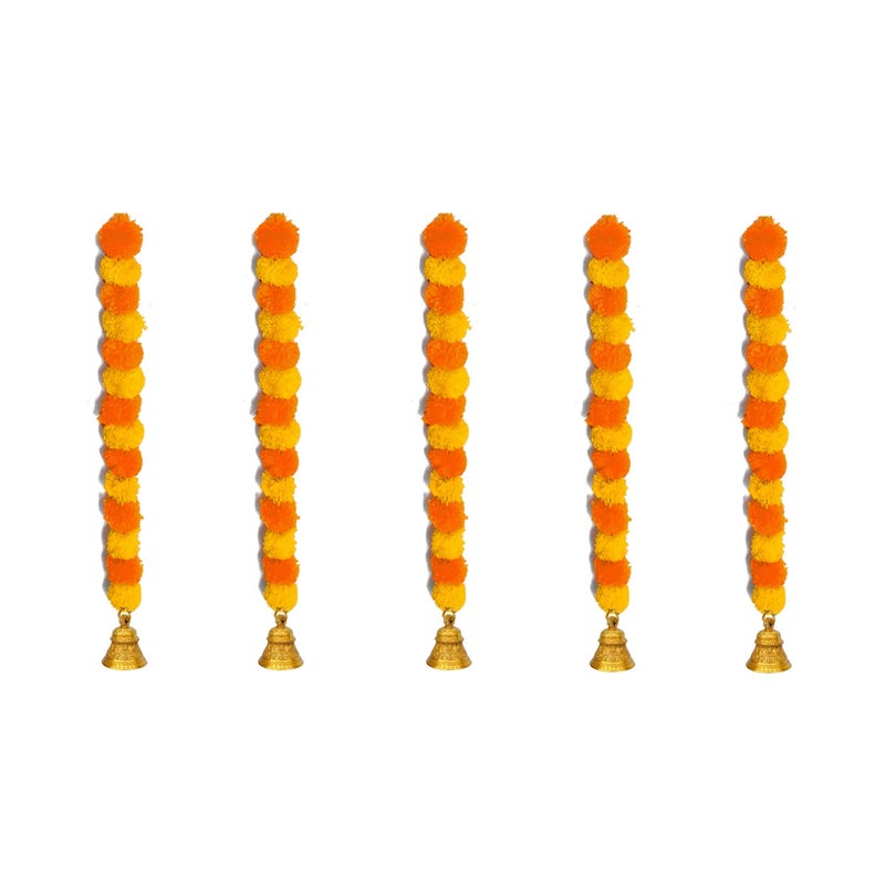 iHandikart iHandikart Artificial Marigold Garland Diwali Decoration with Golden Bell in The Bottom Used for Office Home Diwali DecorationsDiwali Gift Colour Yellow Light Orange Pack of 5 HV31505  - Image 1