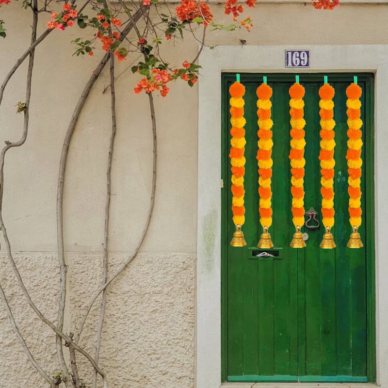 iHandikart iHandikart Artificial Marigold Garland Diwali Decoration with Golden Bell in The Bottom Used for Office Home Diwali DecorationsDiwali Gift Colour Yellow Light Orange Pack of 5 HV31505  - Image 2