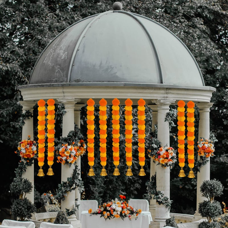 iHandikart iHandikart Artificial Marigold Garland Diwali Decoration with Golden Bell in The Bottom Used for Office Home Diwali DecorationsDiwali Gift Colour Yellow Light Orange Pack of 5 HV31505  - Image 4