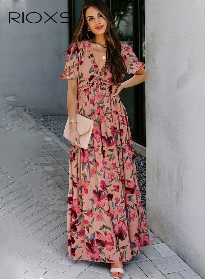 RIOXS Women's Floral Print Short Sleeve Dress, V Neck Wrap Summer Dress, Polyester A-Line Swing Dress with Elastic Waist, Pullover Casual Sundress for Vacation, Flowy Beach Dress, Plus Size Comfortable Dress, ​Long Evening Dress Cocktail Party Maxi Wedding Dress  - Image 1