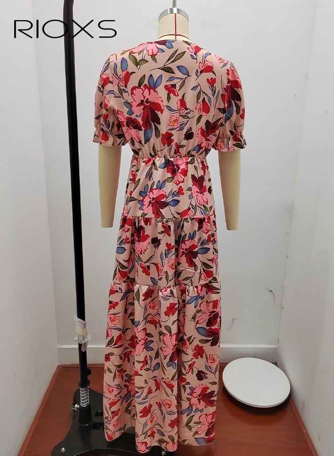 RIOXS Women's Floral Print Short Sleeve Dress, V Neck Wrap Summer Dress, Polyester A-Line Swing Dress with Elastic Waist, Pullover Casual Sundress for Vacation, Flowy Beach Dress, Plus Size Comfortable Dress, ​Long Evening Dress Cocktail Party Maxi Wedding Dress  - Image 4