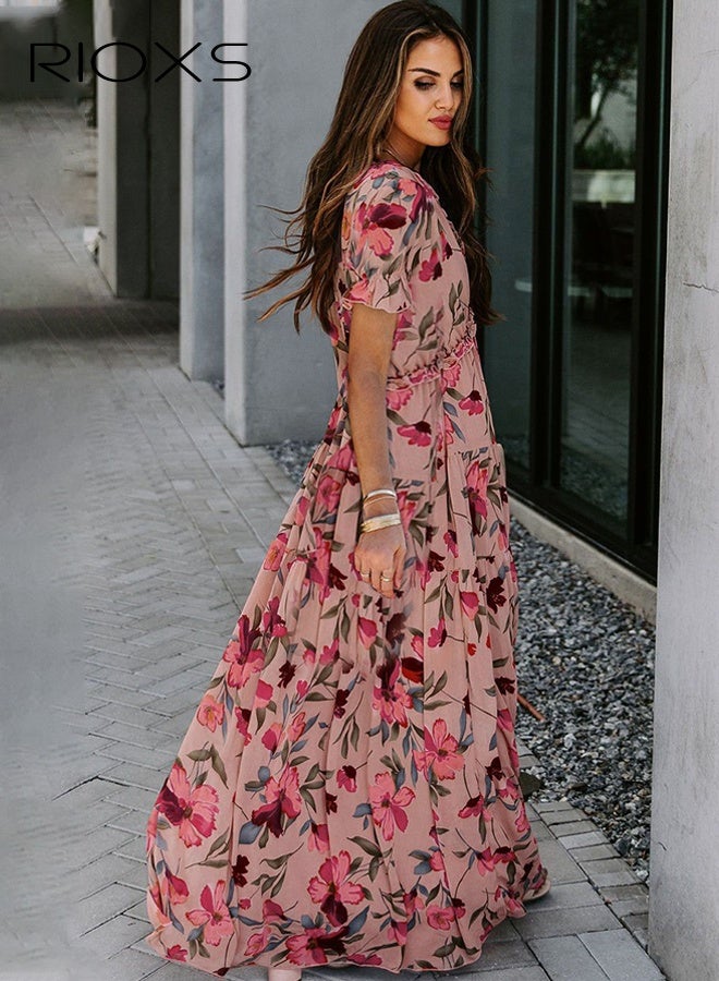 RIOXS Women's Floral Print Short Sleeve Dress, V Neck Wrap Summer Dress, Polyester A-Line Swing Dress with Elastic Waist, Pullover Casual Sundress for Vacation, Flowy Beach Dress, Plus Size Comfortable Dress, ​Long Evening Dress Cocktail Party Maxi Wedding Dress  - Image 2