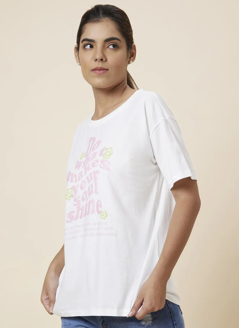 globus Globus Women White Typography Printed Drop Shoulder Pure Cotton T-Shirt