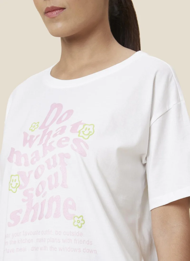 globus Globus Women White Typography Printed Drop Shoulder Pure Cotton T-Shirt