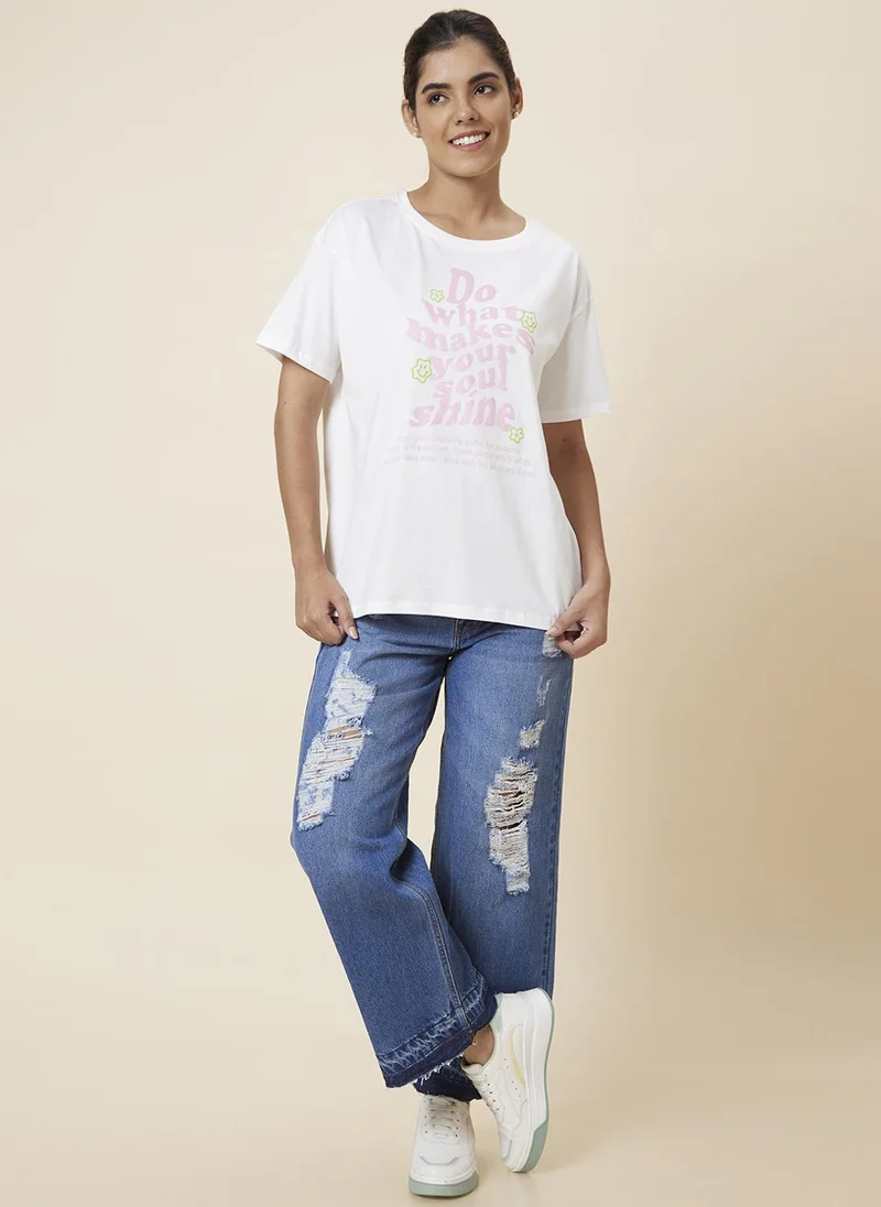 globus Globus Women White Typography Printed Drop Shoulder Pure Cotton T-Shirt