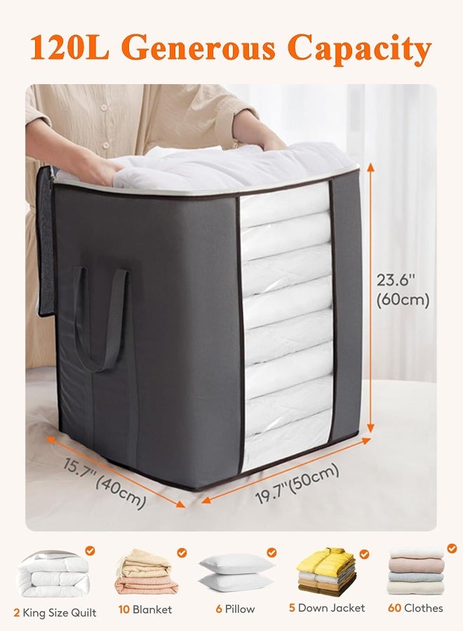 Furlale 3 Pack 120L Extra Large Blanket Storage Bags – Foldable Clothes Storage Containers with Clear Window, Reinforced Handles & Zipper for Comforters Bedding Pillows - Image 3