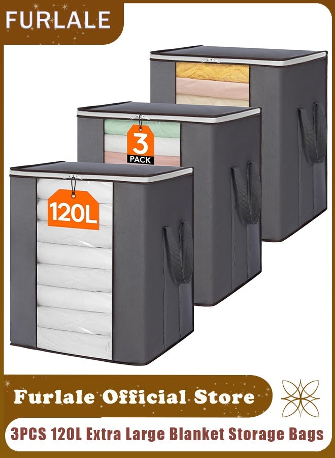 Furlale 3 Pack 120L Extra Large Blanket Storage Bags – Foldable Clothes Storage Containers with Clear Window, Reinforced Handles & Zipper for Comforters Bedding Pillows - Image 1