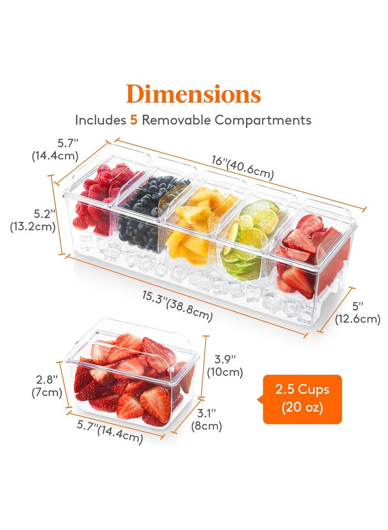 Relex Condiment Tray With Lid, Ice Cooled Condiment Dispenser Serving Container Chilled Garnish Tray Bar Caddy For Home Work Or Restaurant, Large 5 Compartment Garnish Tray With Lid  - Image 3