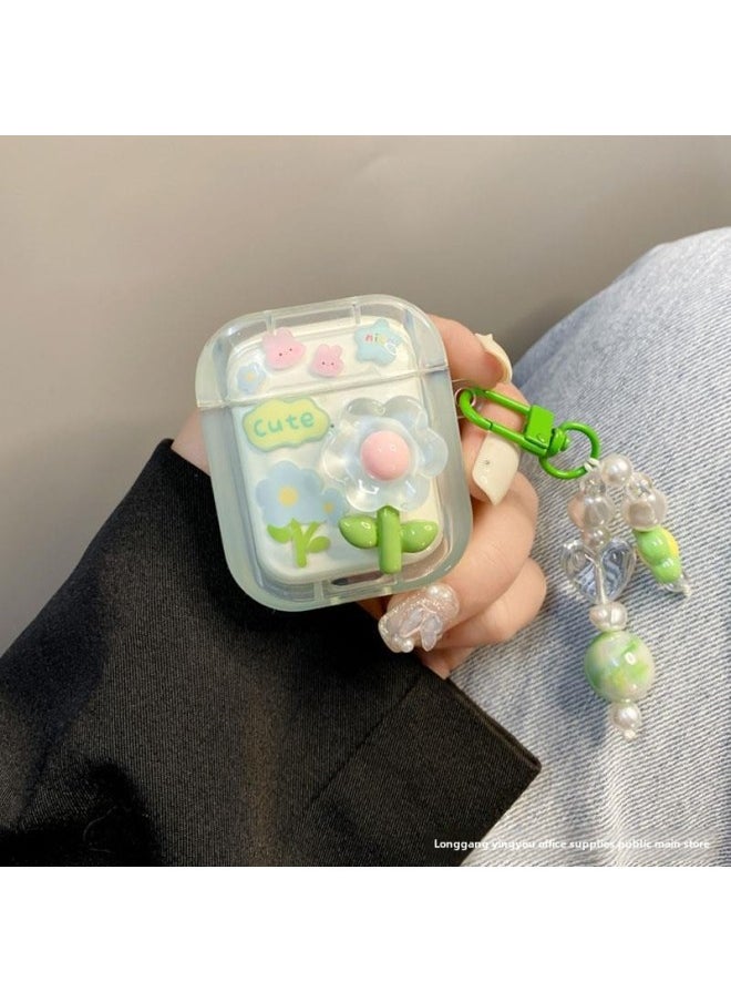 Generic - Ins Small Fresh Green Flowers Suitable For Airpods Pro For Apple Protective Cover Airpods2 Bluetooth 3rd Generation Ears-Body Color:[square] Green Flowers + Chain-Memory Capacity:airpods1/2 Generation - Image 1