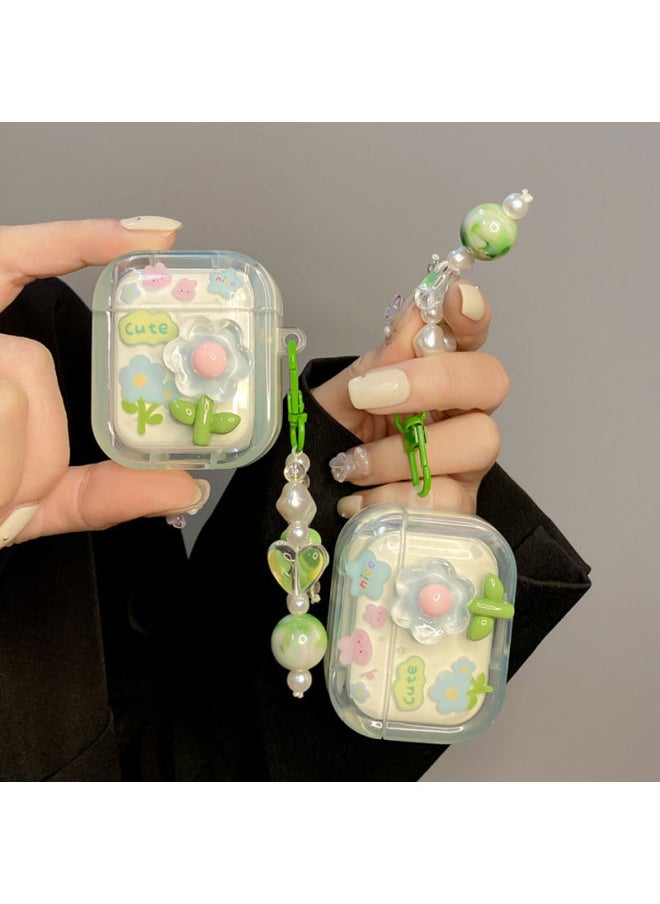 Generic - Ins Small Fresh Green Flowers Suitable For Airpods Pro For Apple Protective Cover Airpods2 Bluetooth 3rd Generation Ears-Body Color:[square] Green Flowers + Chain-Memory Capacity:airpods1/2 Generation - Image 1