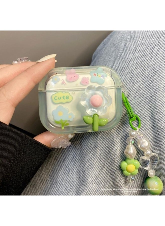 Generic - Ins Small Fresh Green Flowers Suitable For Airpods Pro For Apple Protective Cover Airpods2 Bluetooth 3rd Generation Ears-Body Color:[square] Green Flowers + Chain-Memory Capacity:airpods1/2 Generation - Image 1
