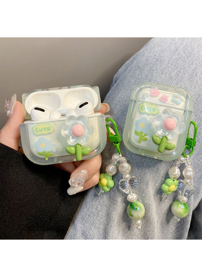 Generic - Ins Small Fresh Green Flowers Suitable For Airpods Pro For Apple Protective Cover Airpods2 Bluetooth 3rd Generation Ears-Body Color:[square] Green Flowers + Chain-Memory Capacity:airpods1/2 Generation - Image 1