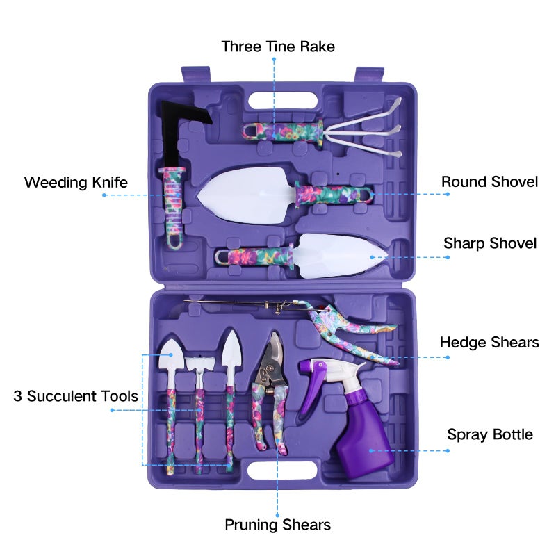 JUMPHIGH Garden Tools Set, JUMPHIGH 10 Pieces Gardening Tools with Purple Floral Print, Ergonomic Handle Trowel Rake Weeder Pruner Shears Sprayer, Garden Hand Tools with Carrying Case Gardening Gifts for Women - Image 2