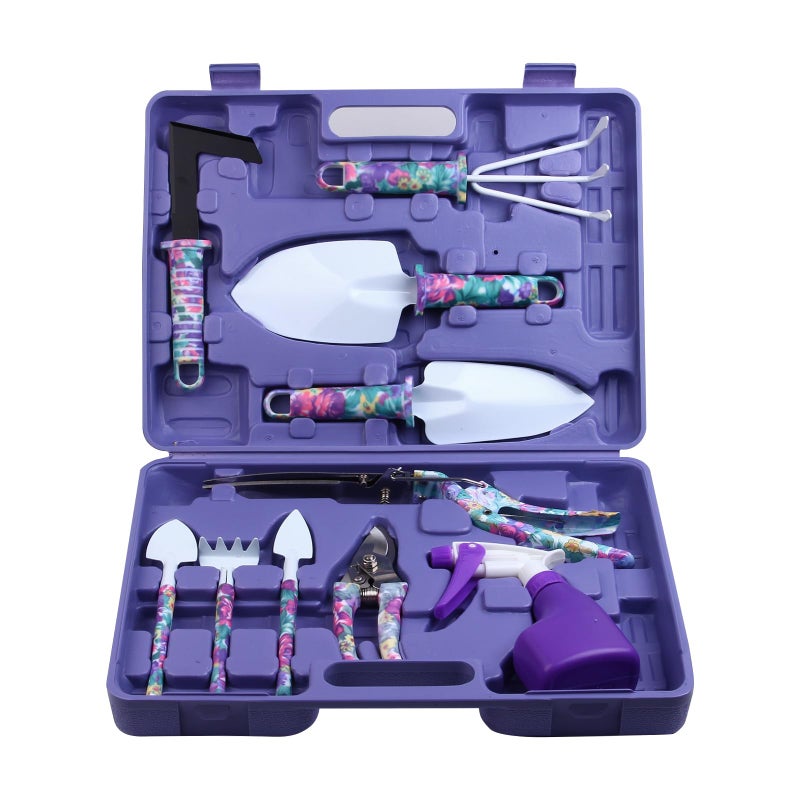 JUMPHIGH Garden Tools Set, JUMPHIGH 10 Pieces Gardening Tools with Purple Floral Print, Ergonomic Handle Trowel Rake Weeder Pruner Shears Sprayer, Garden Hand Tools with Carrying Case Gardening Gifts for Women - Image 1