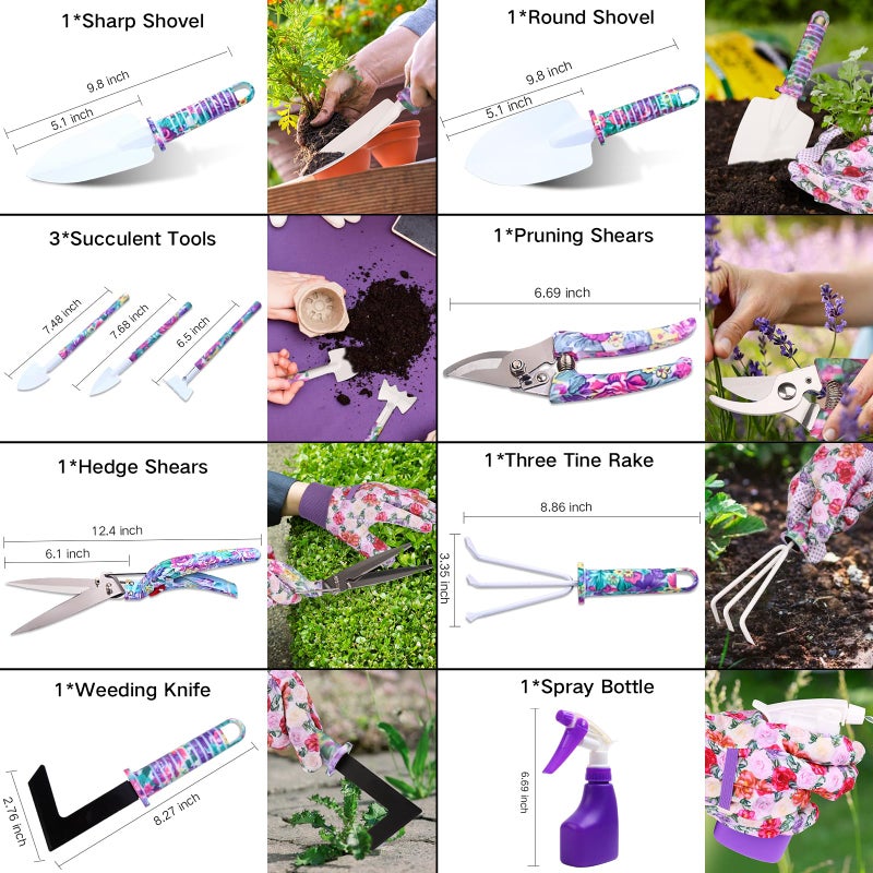 JUMPHIGH Garden Tools Set, JUMPHIGH 10 Pieces Gardening Tools with Purple Floral Print, Ergonomic Handle Trowel Rake Weeder Pruner Shears Sprayer, Garden Hand Tools with Carrying Case Gardening Gifts for Women - Image 3
