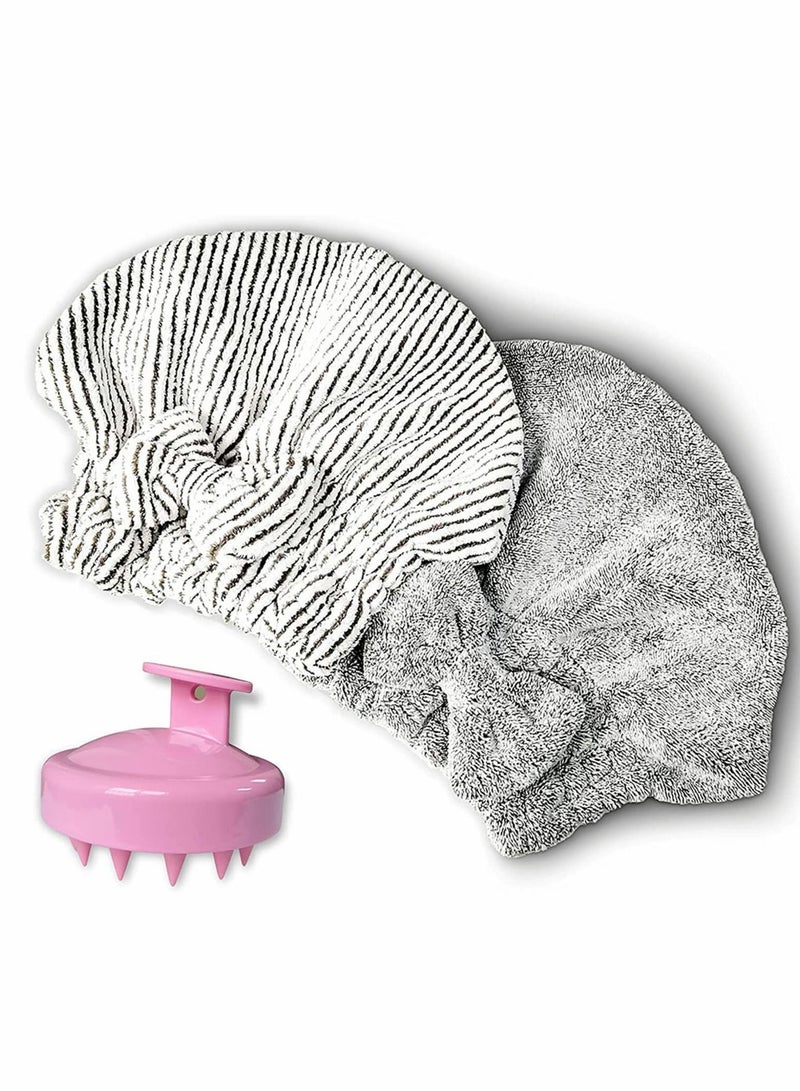 Microfiber Hair Towel Cap,Soft Absorbent Quick Drying Cap for Curly Thick Hair , with Hair Shampoo Brush Scalp Massager for Women Girls-Set of 3 Pcs - Image 1