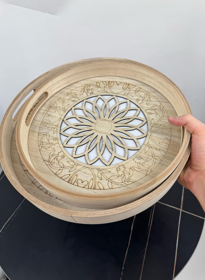 Living Set of 2 serving trays, decorated wooden with a glass top. - Image 2