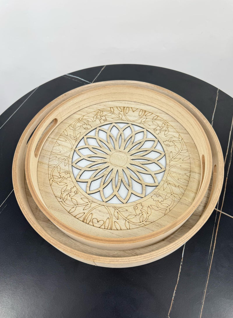 Living Set of 2 serving trays, decorated wooden with a glass top. - Image 3