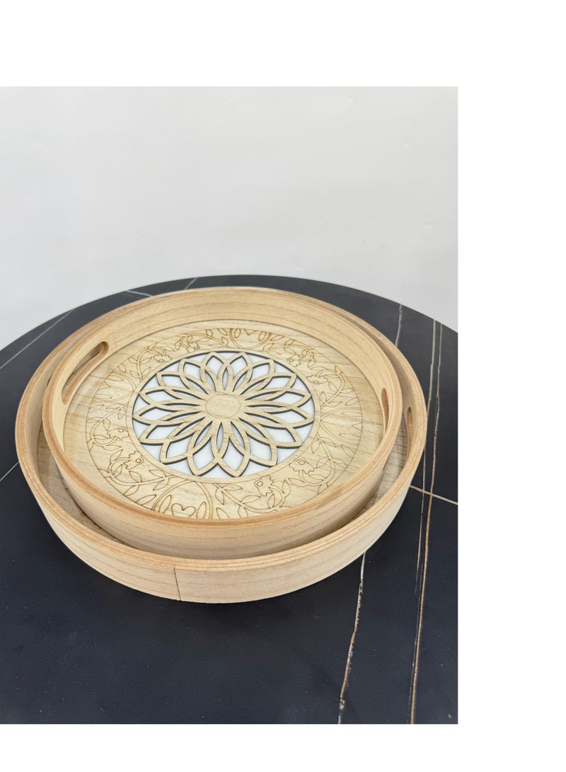 Living Set of 2 serving trays, decorated wooden with a glass top. - Image 4