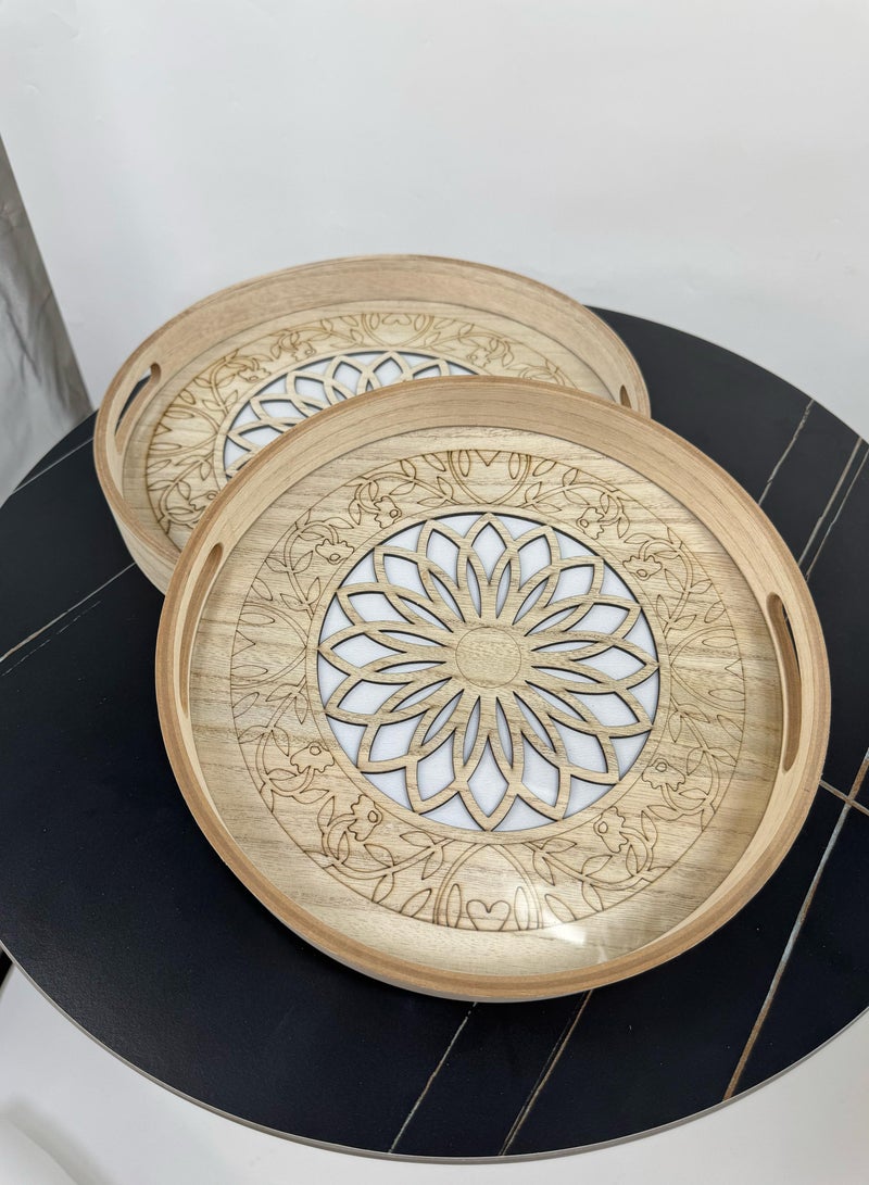 Living Set of 2 serving trays, decorated wooden with a glass top. - Image 1
