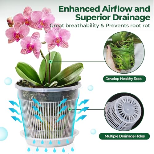 T4U Orchid Pot, 9 Pack Orchid Pots with Holes and Saucers for Repotting, 3 Each of 4.3, 5.5 and 6.3 Inch, Clear Plastic Flower Plant Pot for Indoor Outdoor Plants, Orchids Planter for Root Health - Image 3