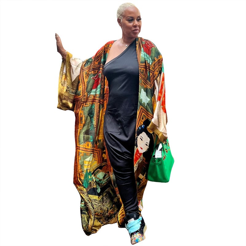 K10173 Euro-American Fashion Silk-like Printed Kimono Wrap Coat Golden Box Portraits