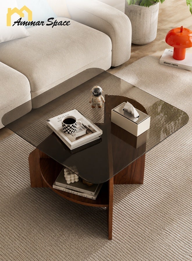 Ammar Space Coffee Table with Tempered Glass Top, Wooden Living Room Center Table 70 x 70 x 50 cm, Modern Tea Table with Storage Shelf, Sofa Table for Majlis, Lounge, Home and Apartment - Image 2