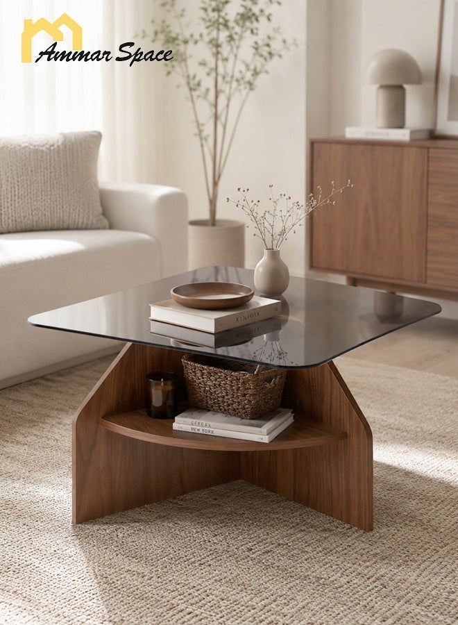 Ammar Space Coffee Table with Tempered Glass Top, Wooden Living Room Center Table 70 x 70 x 50 cm, Modern Tea Table with Storage Shelf, Sofa Table for Majlis, Lounge, Home and Apartment - Image 1