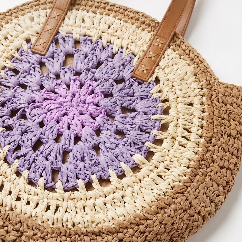 Women's Woven Straw Beach Bag – Handmade Round Boho Shoulder Tote, Raffia Handbag with Fabric Lined Interior & Zipper Pocket, PU Leather Handles for Summer Travel Shopping (Beige-purple) - Image 5