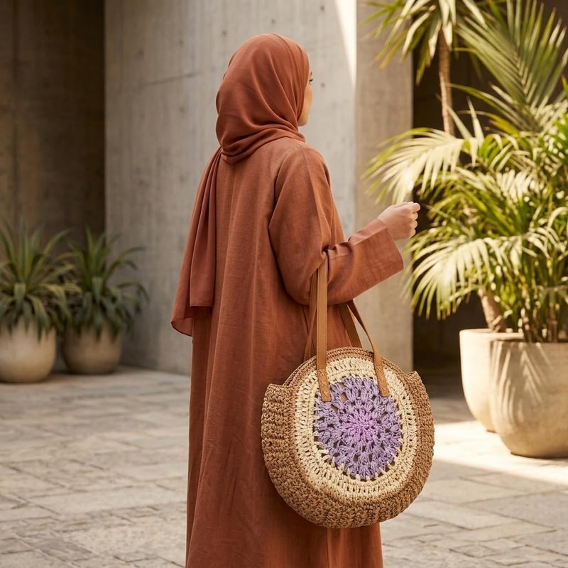 Women's Woven Straw Beach Bag – Handmade Round Boho Shoulder Tote, Raffia Handbag with Fabric Lined Interior & Zipper Pocket, PU Leather Handles for Summer Travel Shopping (Beige-purple) - Image 4