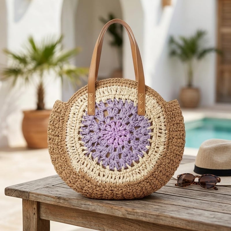 Women's Woven Straw Beach Bag – Handmade Round Boho Shoulder Tote, Raffia Handbag with Fabric Lined Interior & Zipper Pocket, PU Leather Handles for Summer Travel Shopping (Beige-purple) - Image 3