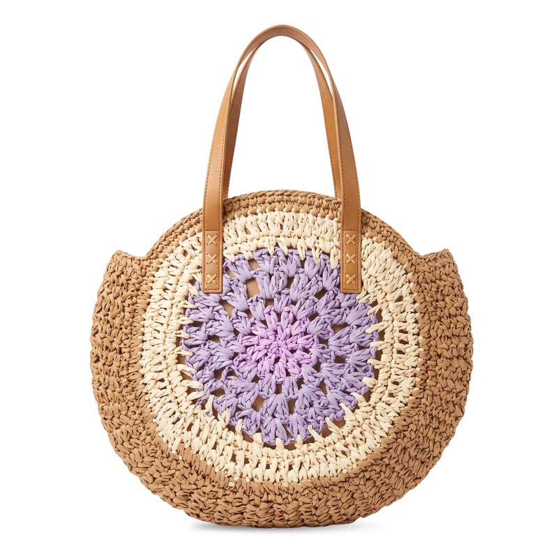 Women's Woven Straw Beach Bag – Handmade Round Boho Shoulder Tote, Raffia Handbag with Fabric Lined Interior & Zipper Pocket, PU Leather Handles for Summer Travel Shopping (Beige-purple) - Image 1