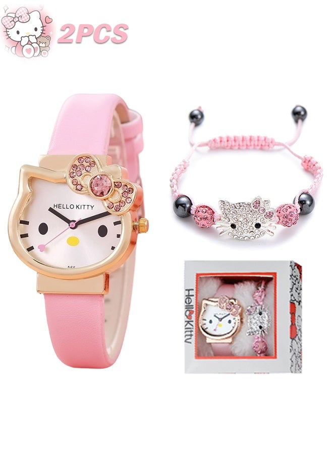 هالو كيتي مجموعة هدايا ساعة هالو كيتي للأطفال، ساعة وردية + سوار للبنات (هدية مثالية!) - Image 1