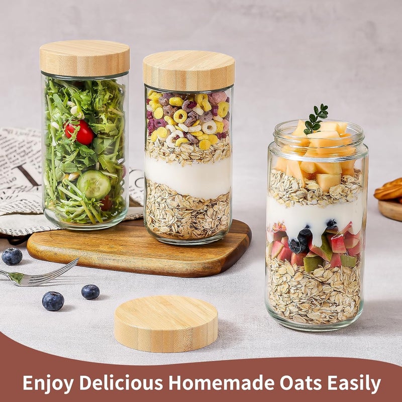 DRKIO 24 Oz Overnight Oats Containers with Bamboo Lids - 4 Pack Glass Storage Jars with Airtight Lids Wide Mouth Mason Food Jars Great for Meal Prep Salad Chia Pudding Snacks Yogurt Sugar Spice Cereal - Image 4