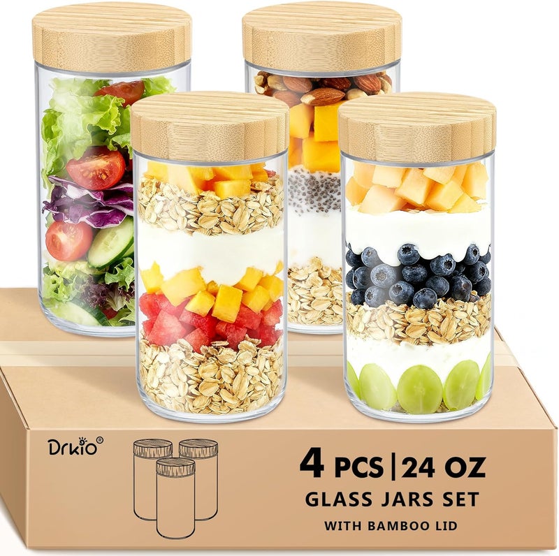 DRKIO 24 Oz Overnight Oats Containers with Bamboo Lids - 4 Pack Glass Storage Jars with Airtight Lids Wide Mouth Mason Food Jars Great for Meal Prep Salad Chia Pudding Snacks Yogurt Sugar Spice Cereal - Image 1